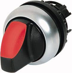 A red and black switch with a metallic rim, used for industrial controls.