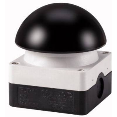 Black mushroom push button on white, angular base, primarily used for industrial emergency stop applications.
