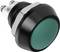 A green round push button in a black housing with a metal base, ready for mechanical activation.