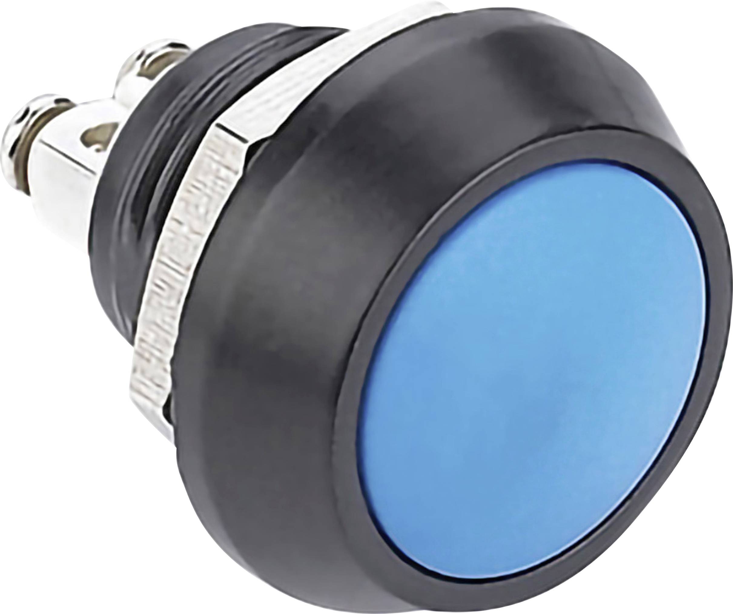Black push button with blue button, metal clips on the rear, for electronic applications.