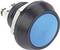 Black push button with blue button, metal clips on the rear, for electronic applications.