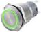 A silver round push button with a green LED illumination ring.