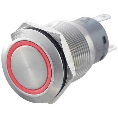 Metal switch with red LED ring, cylindrical design, suitable for mechanical devices or electronic controls.