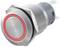 Metal switch with red LED ring, cylindrical design, suitable for mechanical devices or electronic controls.