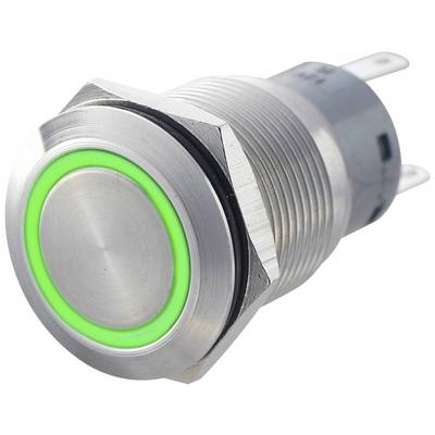 A round, silver push button with a green LED illumination ring, for use on devices or machines, indicates that the switch is active.