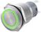 A round, silver push button with a green LED illumination ring, for use on devices or machines, indicates that the switch is active.