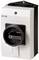 An electrical main switch in a white housing with a black rotary handle. It is designed for controlling electrical circuits.