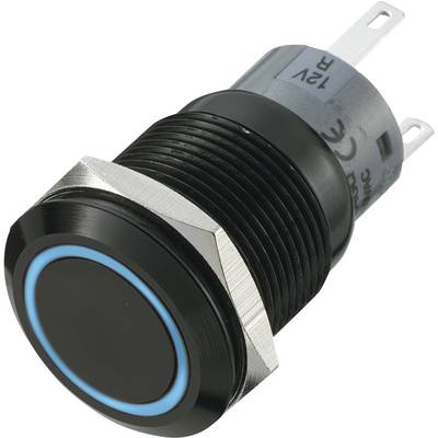 Black push button with blue LED ring and metal housing, suitable for 12V circuits.