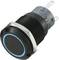 Black push button with blue LED ring and metal housing, suitable for 12V circuits.