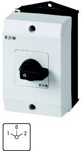 A white electrical switch by Eaton with a black rotary knob. Bottom left, a symbol with 0 and 1-2 positions.