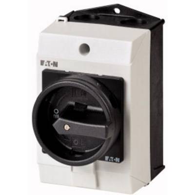 An electrical load break switch in a square shape with a rotatable black switch in the centre, brand 'Eaton'.