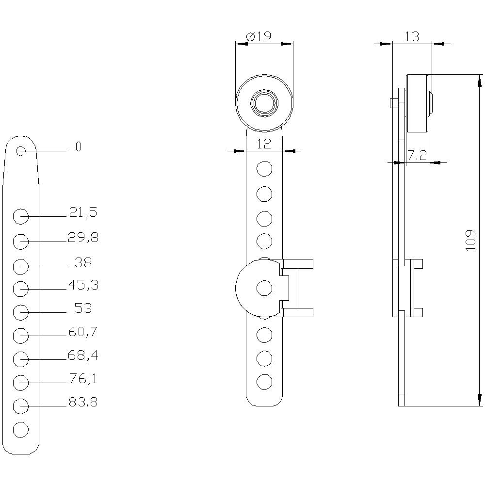 Technical Drawing of a Mechanical Component with Dimensions: Total Length 109, Hole Diameter 19, Width 13. Side and Front Views Included.
