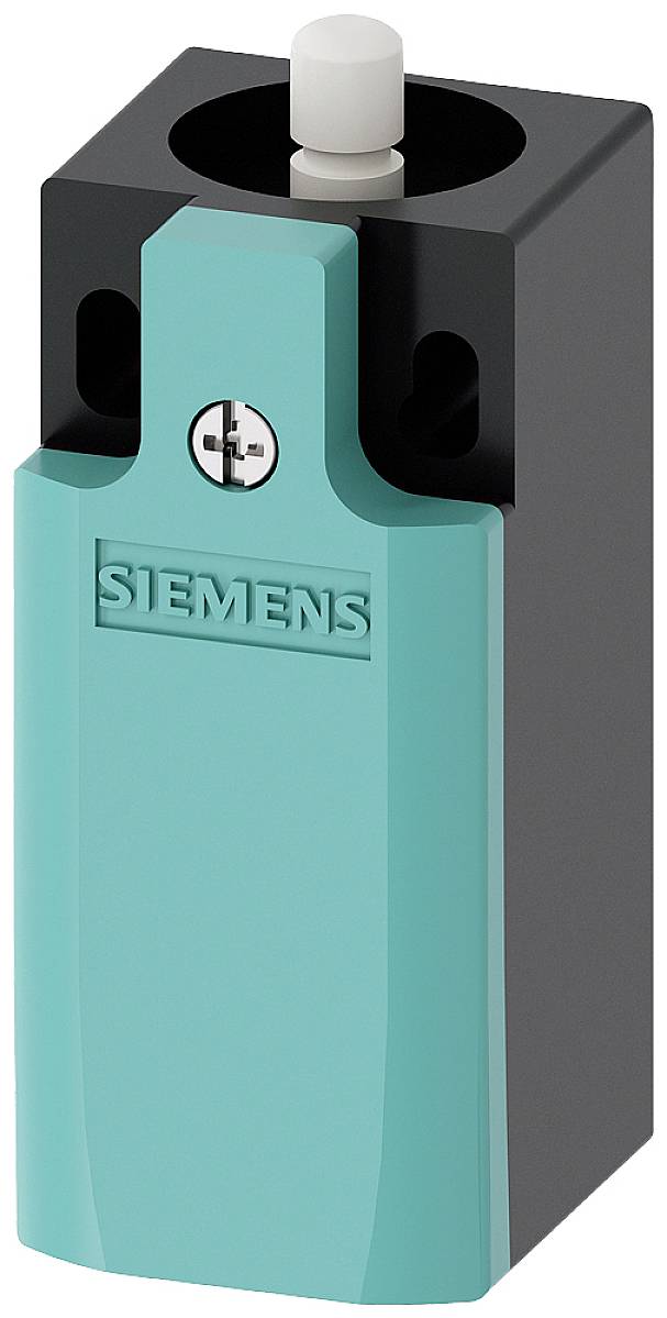 'Black and turquoise Siemens switching device with cylindrical button on top, designed in a compact and rectangular form.'