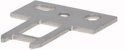 Metal plate with a rectangular opening and two round holes, used for securing or mounting devices or components.