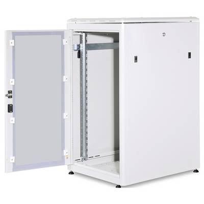 White server cabinet with an open glass door. Suitable for storing network devices and server components.
