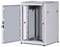 Metal cabinet with an open door, suitable for housing network equipment. Internal mounting rails and cable management are visible.