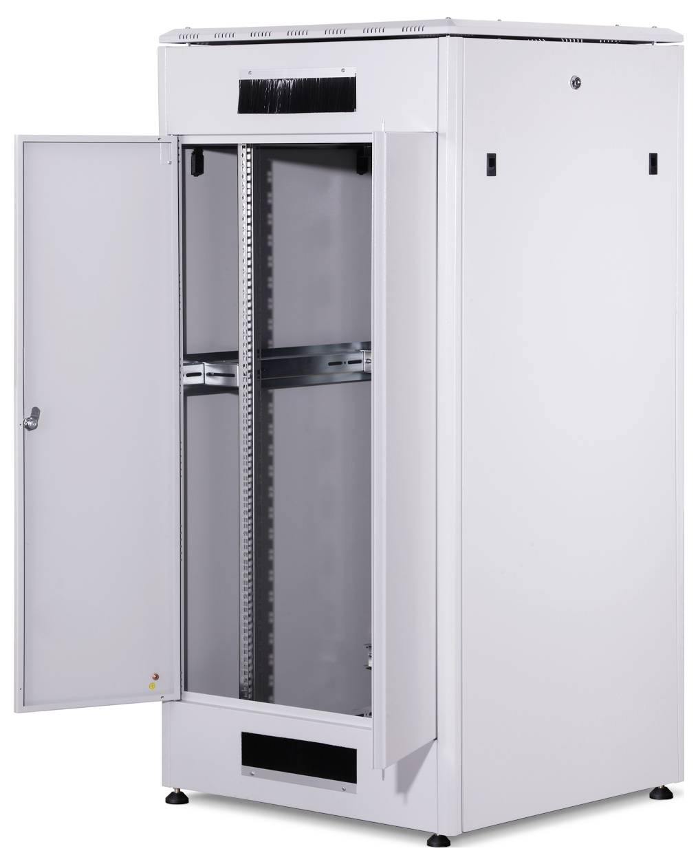 A white, empty server cabinet with an open door, shown in an empty room. Ideal for IT infrastructure.