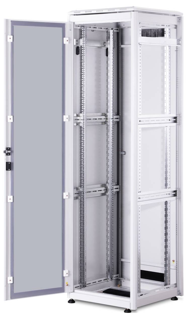 A vacant, open metal server rack, standing on a white background. Doors are open to reveal the interior.