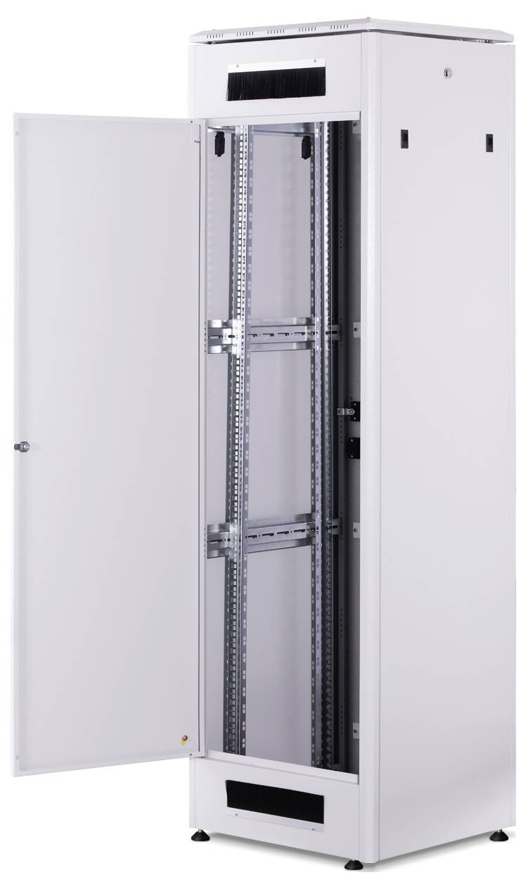 A white, tall server cabinet with an open door, empty, revealing metal framework and mounting brackets inside.