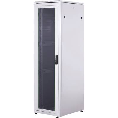 A white server rack with a glass door and black handles, used for storing servers and network equipment.