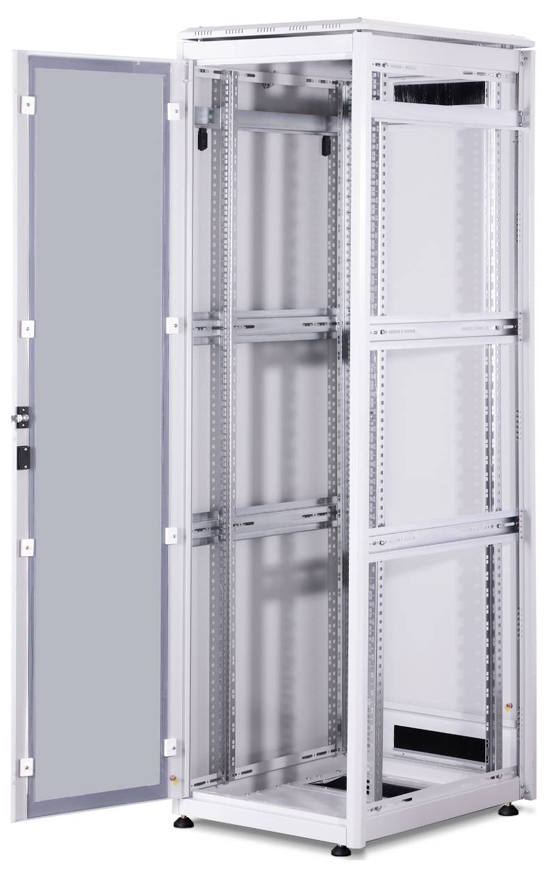 Metallic server rack with an open glass door. It displays multiple levels for mounting electronic devices. Minimalist design.