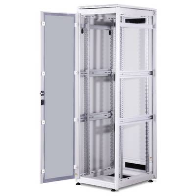 Metallic server rack with an open glass door. It displays multiple levels for mounting electronic devices. Minimalist design.