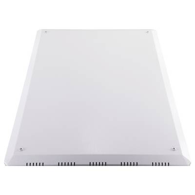 White, rectangular metal cover with rounded edges and ventilation slots on the underside, secured with four screws at the corners.