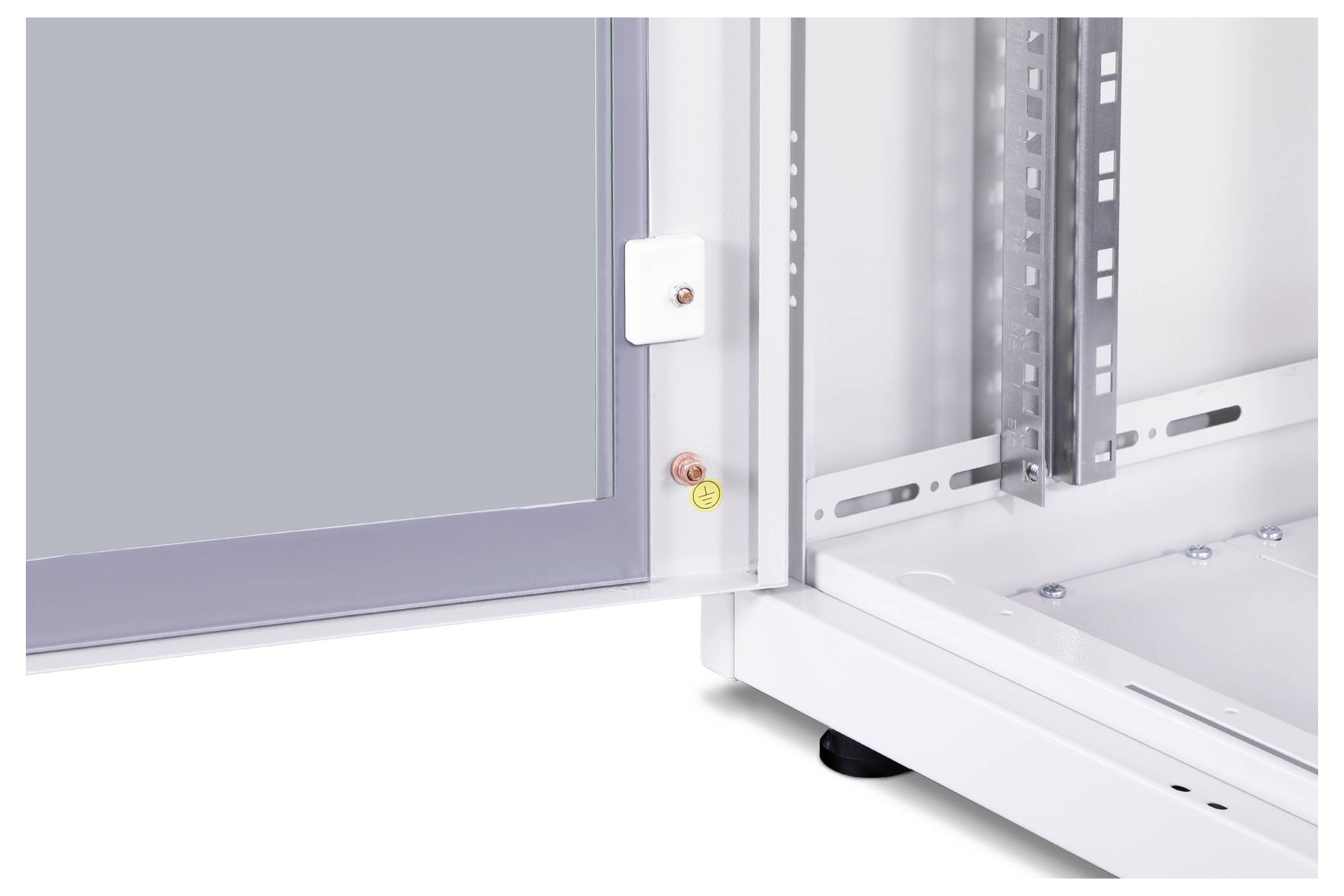 An open electrical cabinet reveals its internal layout with a mounted hinge, cable channels, and a transparent door.