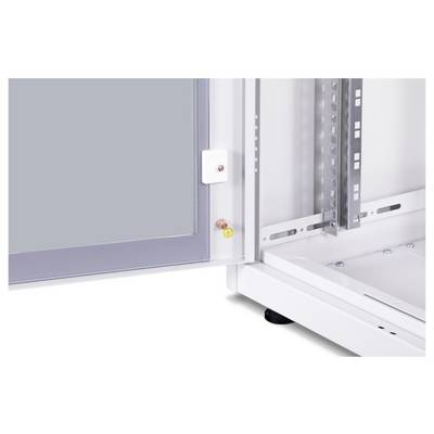 An open electrical cabinet reveals its internal layout with a mounted hinge, cable channels, and a transparent door.