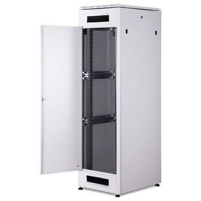 An open server rack with multiple empty compartments, ideal for housing network equipment.