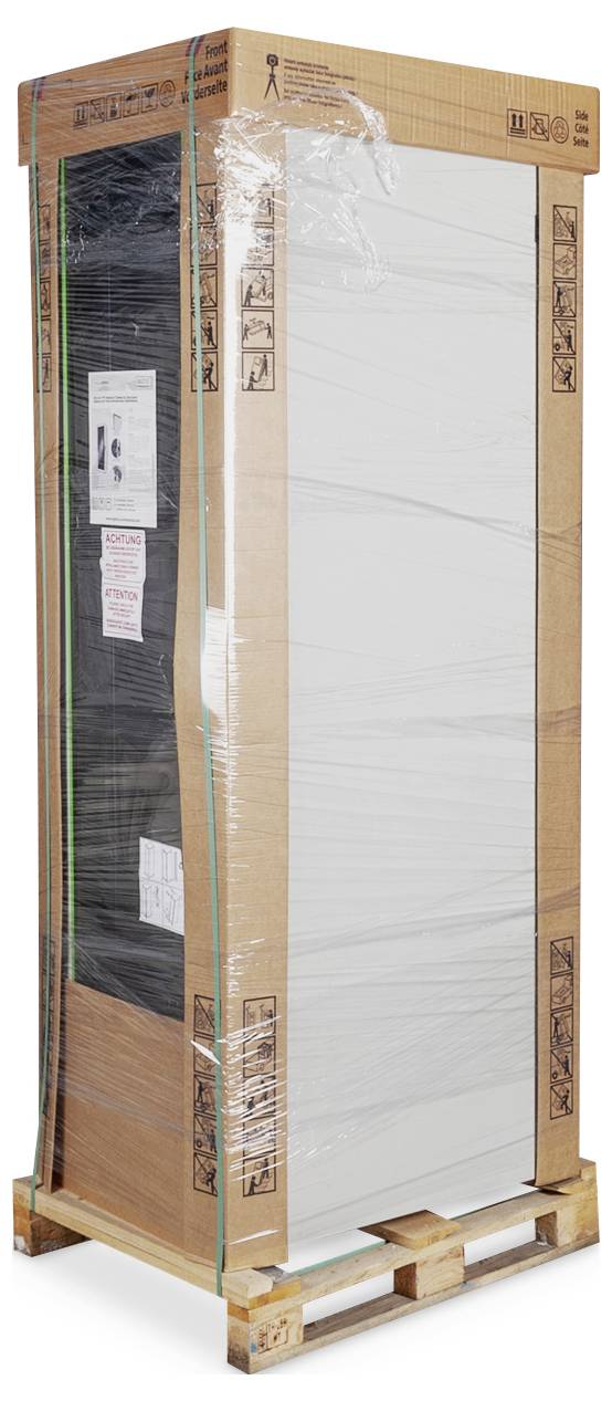 A large wardrobe cardboard packaging wrapped in plastic film, standing on a pallet.