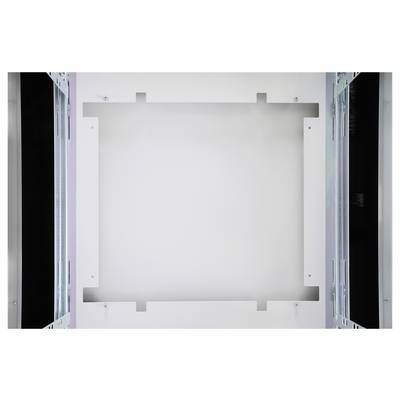 Empty interior of a technical cabinet with white walls and metal reinforcements on the sides, suitable for equipment mounting.