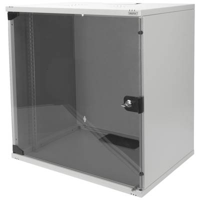 A vacant, grey metal cabinet with a glass door, identifiable by a lock handle, suitable for server or network equipment.