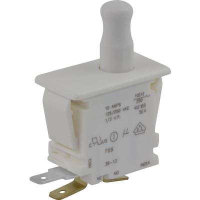 A white toggle switch with technical specifications printed on it, including 10 Ampere and 125/250 V alternating current.