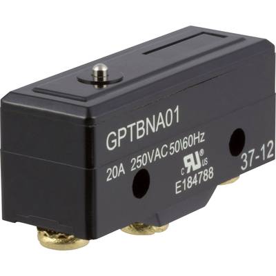 A black micro switch labelled 'GPTBNA01', rated for 20A, 250VAC 50/60Hz. Certifications are visible.