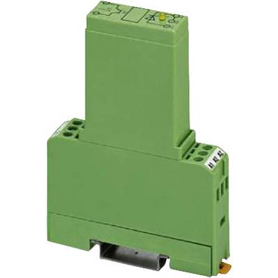 Green relay module for DIN rail mounting, used in electrical control systems for signal amplification or switching.