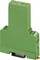 Green relay module for DIN rail mounting, used in electrical control systems for signal amplification or switching.