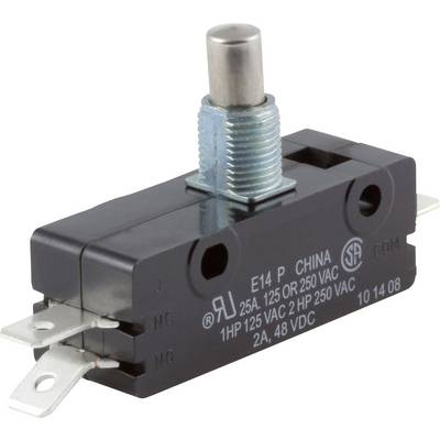 A black micro switch with a metal pin and three terminals. The inscription indicates electrical specifications and manufacturer information.
