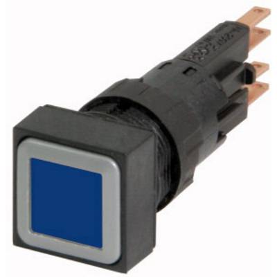 A square black push button with a blue switch and four metal contacts on the back.