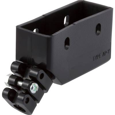 Black plastic mounting bracket with articulated joint and screws. Suitable for installation or fixing, rectangular shape.