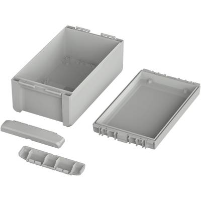 A grey plastic enclosure, consisting of a rectangular main body, a lid, and several smaller components.