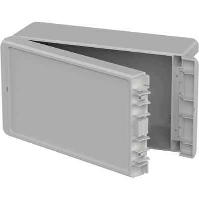 Grey rectangular plastic container with an open lid. Ideal for storing or protecting electronic components.