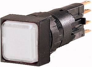 A black, square push button with a transparent casing and multiple connections on the rear.