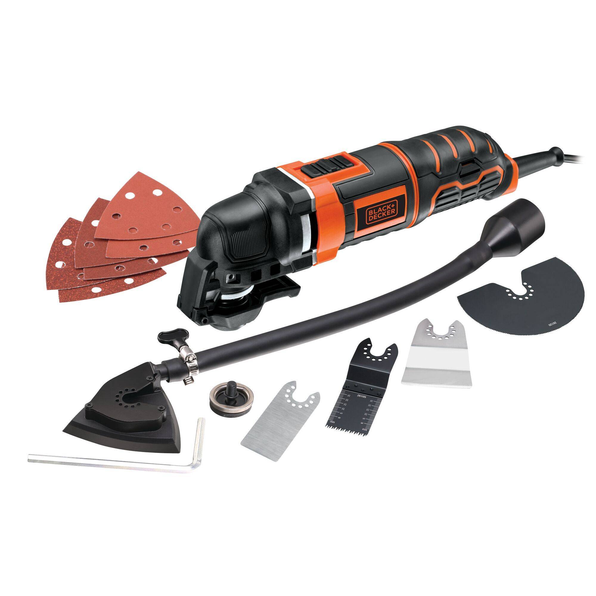A multi-functional tool with various attachments, including sandpaper, blades, and accessories, against a white background.