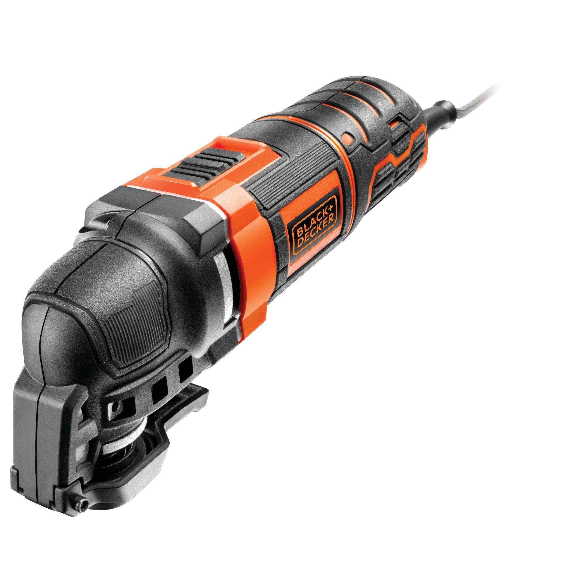 A black and orange electric multi-tool, photographed from the side. 'Black & Decker' brand logo visible.