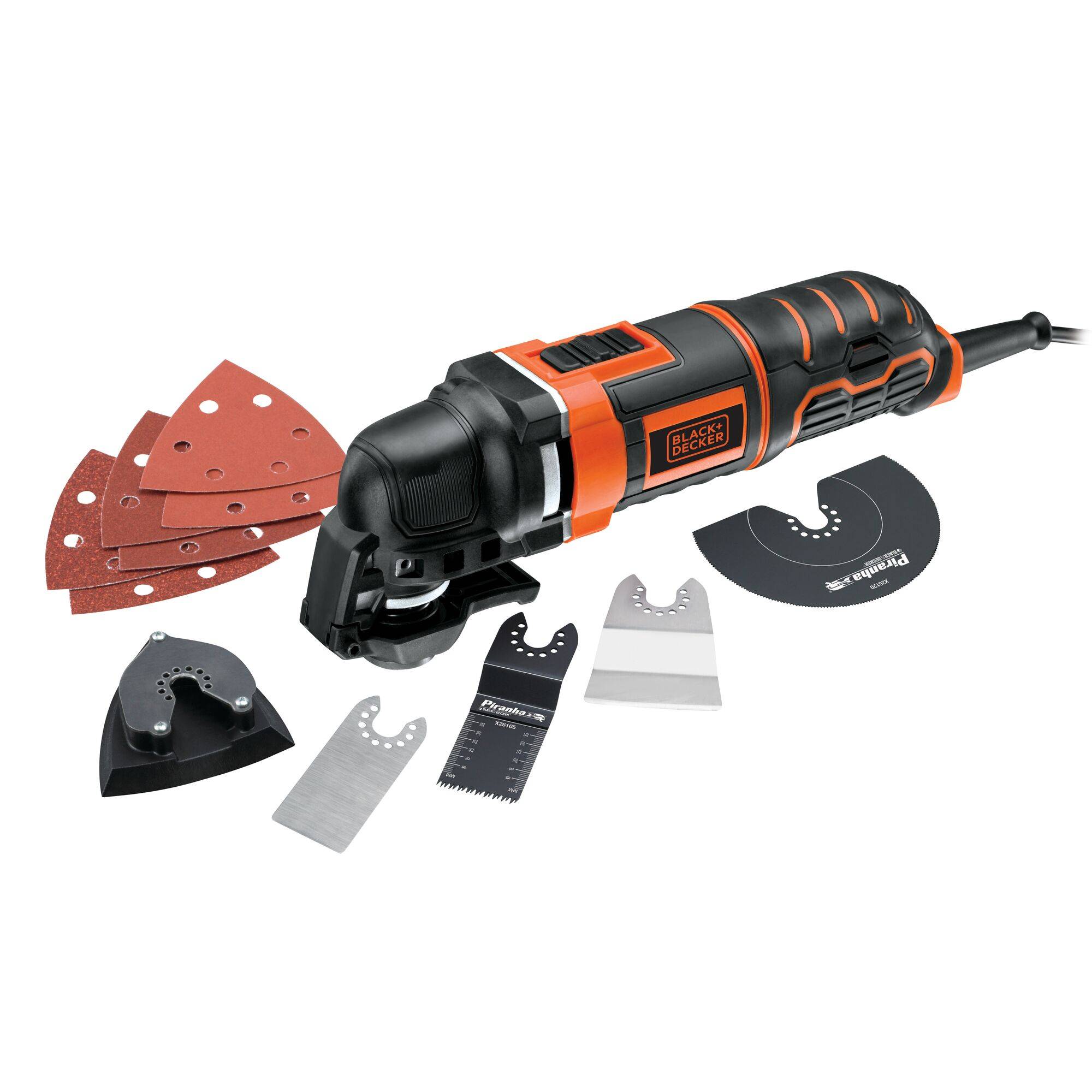 Multi-functional tool with various attachments such as sanding sheets, saw and cutting blades, suitable for diverse DIY tasks.