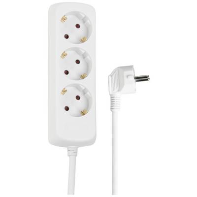 White triple socket strip with attached cable and right-angled plug.