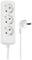 White triple socket strip with attached cable and right-angled plug.