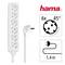 Six-socket power strip with 45° arrangement. Also includes details about the cable length of 1.4 metres.