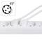 Four-way power strip with two sockets occupied. In the corner, a symbol indicating a socket that can be rotated 45 degrees.